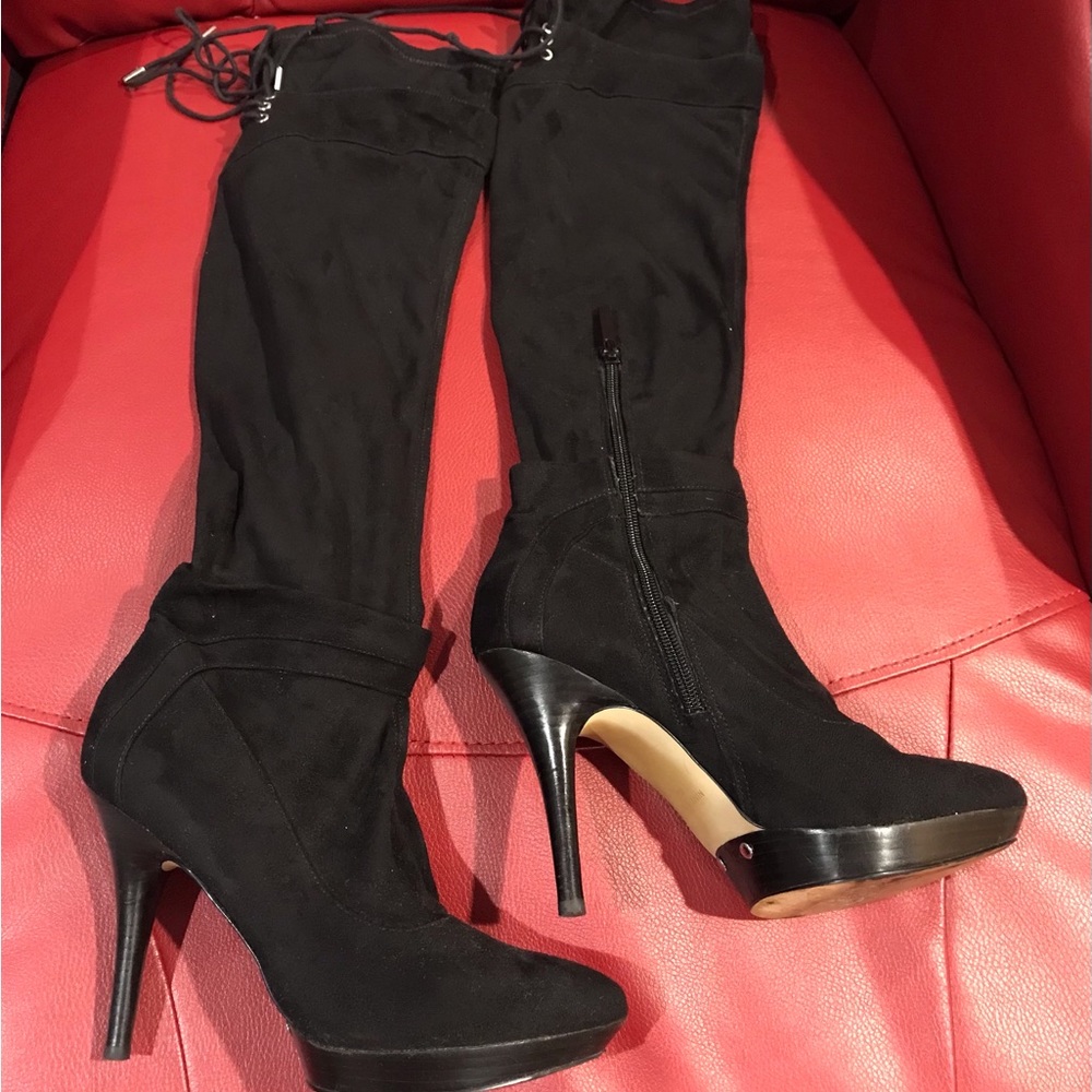 nine west black faux suede knee high platform boots size 8m